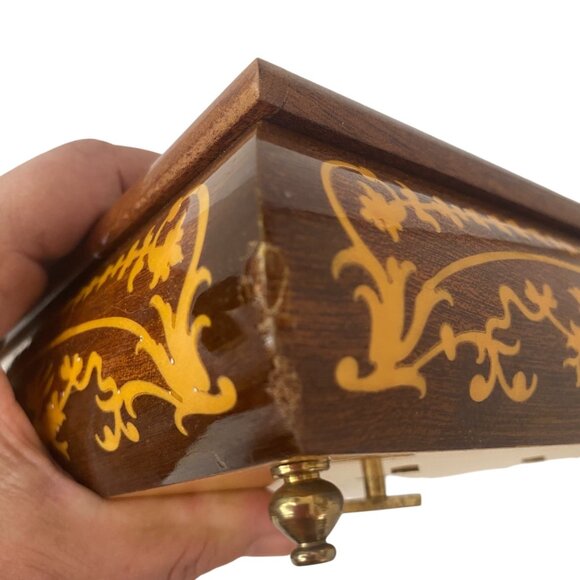 Vintage Wooden Inlaid Music Jewelry Box Ornate Floral Design Red Velvet MCM - Picture 7 of 12